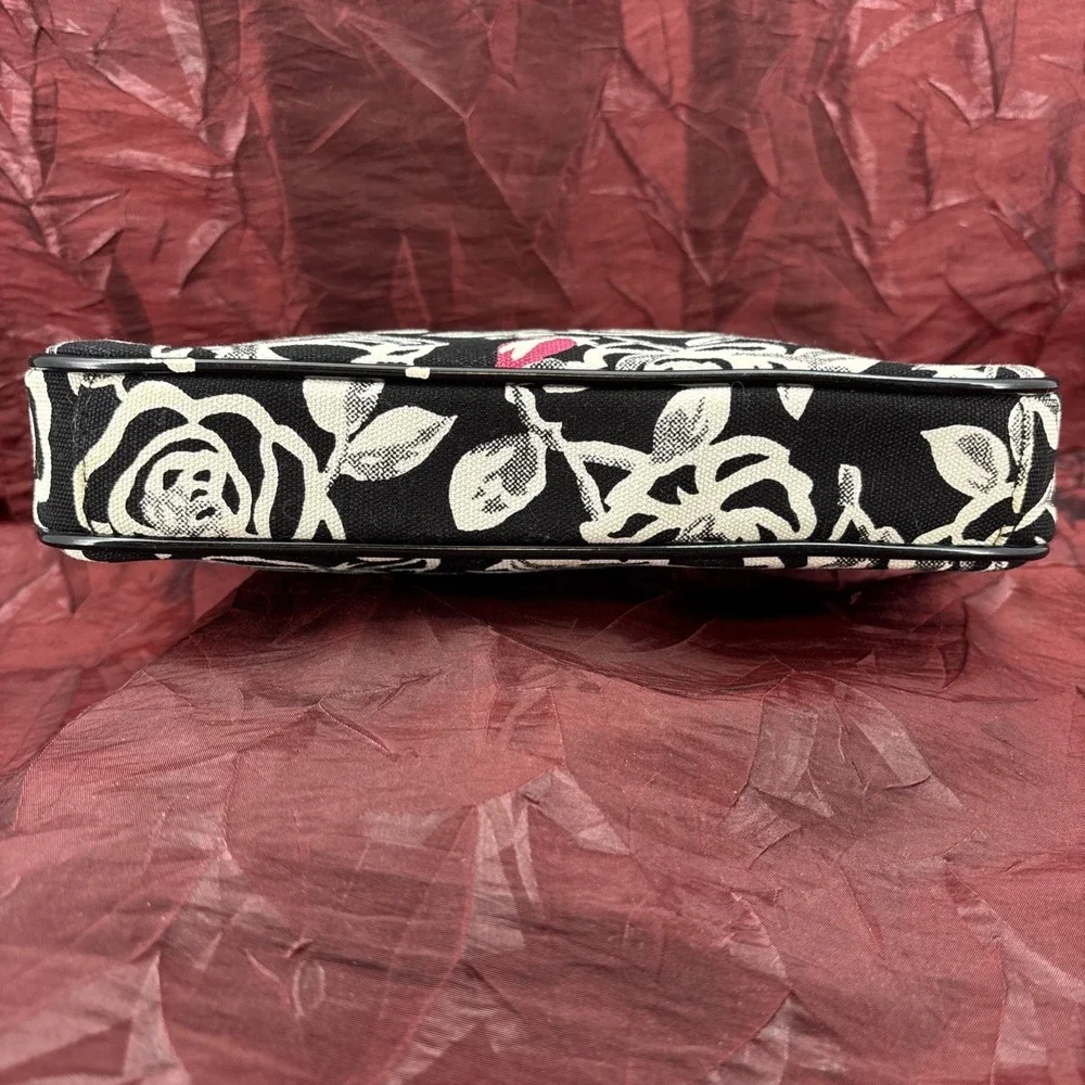 Vintage Lulu Guinness Black White Pink Rosebud Print Baguette Style Handbag  EUC